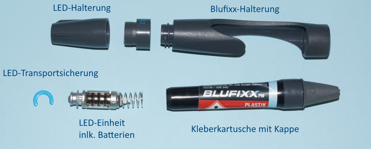 Blufixx Test - Klebestift in Einzelteilen.